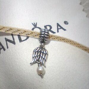 Pandora Silver Guardian Angel Wings Pearl Dangle Charm 790975P Authentic Retired